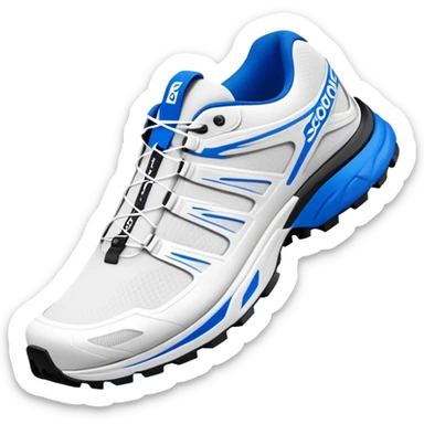 Minimalist white Salomon XT-6 shoes with only a blue colored line running through the middle, one shoe positioned behind the other, pure white everywhere else, iOS emoji style sticker