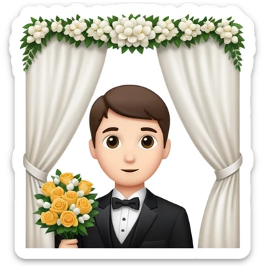 Sneaky person in formal attire crashing a wedding ceremony, peeking from behind decorations sticker