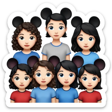 Algo de Disney y por detrás o delante pon a quatro chicas: una con el pelo largo rizado marrón , otra con el pelo muy corto negro, como un chico, otra con el pelo mediano liso marrón con ojos azulesy otra con el pelo negro largo liso . Todos son color carne. Es para el viaje sticker