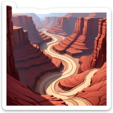 Cinematic Realistic Canyon Emoji, Vast and rugged, with deep red rock formations and winding paths leading down to a dry, dusty floor. Sunlight casts long shadows across the craggy surfaces, highlighting the layers of ancient rock. Soft glowing outline, capturing the essence of dramatic beauty and ancient history in a mighty canyon. sticker