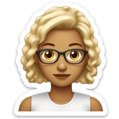 Mulher de pele branca, olhos cor de mel e cabelos cacheados de cor castanho claro, usando óculos dourado sticker