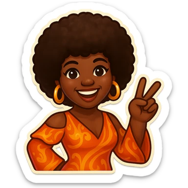 Create an emoji of a female African American in 1970s disco style with a pose with a peace sign, joyful expression, afro hairstyle, and a retro disco dress inspired by the reference. sticker