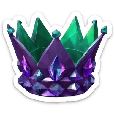 sculpture crown with a geometric faceted design. The crown is sparkling and standing upright on a base with angular and flower features. The vibrant dark purples and greens highlights the sharp edges and planes.  sticker