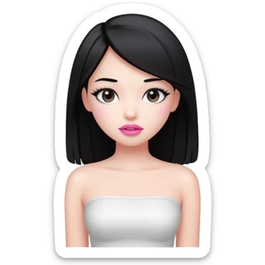 very pretty girl with black straight hair down to her waist, wearing pink lipstick, soft aura, white tube top sticker