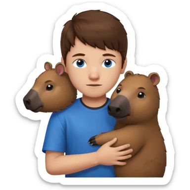 8 year old boy with brown hair and blue eyes and a minecraft shirt hugging a capybara  sticker