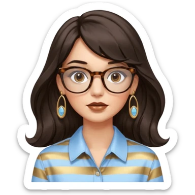An emoji featuring a woman with long wavy dark brown hair and a whispy bang, wearing thick tortoise SQUARE glasses, gold drop earrings. She has long lashes and a nude browny glossy lipstick. She's wearing an oversize light blue shirt with white vertical strips. sticker