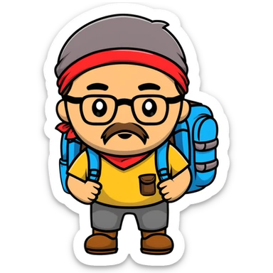 adventurer with goatee beard (no beard on cheeks), short hair, glasses, bandana on head and backpack sticker