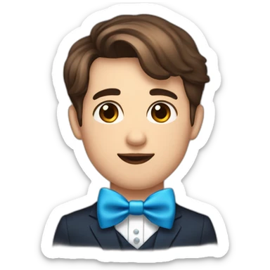 A obèse young male tennager with a beauty spot on chin with a round face and very short brown hair and a mole on chin wearing a blue bow tie sticker