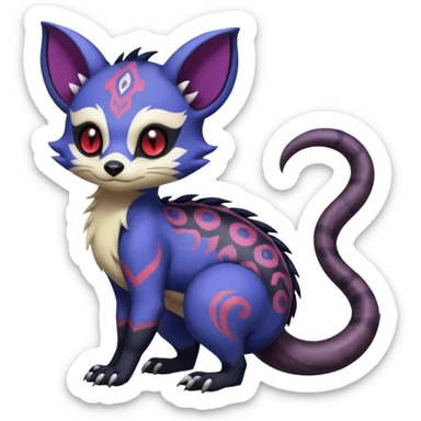 Rare warm-colored exotic gloomy tropical edgy cute epic aesthetic spooky indigo purple white black red gothic colorful Salandit-Furret-Espurr-Meowstic-Civet-species-Fakemon-hybrid-creature, with tribal tattoo markings, full body sticker