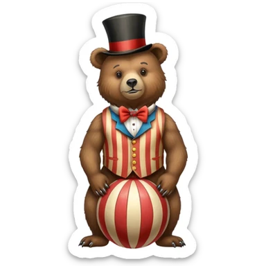 Vintage circus grizzly bear standing on striped ball wearing vest and top hat sticker