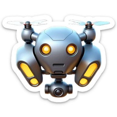 Clash of Clans aesthetic: Cinematic Playful 3D Isometric Robot Drone Emoji, rendered in a 3D vector-style similar to standard emojis with minimal shading and bold, simplified shapes. A compact, distinct form with signature details, softly glowing with a futuristic sci-fi warfare charm. Simplified yet unmistakably iconic, highly detailed and consistent, glowing with a soft radiance and high shine. Stylized with a touch of high-tech brilliance and a soft glowing outline, capturing the essence of a beloved gaming relic with a friendly, playful manner! sticker