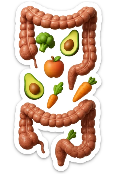 emoji stile iphone in 3d di cibo sano che fluttua in aria vericalmente insieme a pezzi di colon umano anatomico, iperrealistico 4k sticker