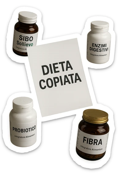 FOGLIO DI CARTA FLUTTUA IN ARIA CON LA SCRITTA "DIETA COPIATA", INSIEME A BARATTOLI DI INTEGRATORI PER CURARE IL SIBO IN ITALIANO, IPERREALISTICO 4K, NON DISEGNATO sticker