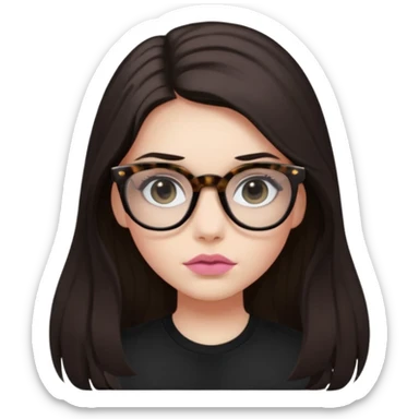The girl with dark long hair divided in the middle of the head, white skin, black eyes, wearing black shirt and tortoise framed glasses. The mounth is light old pink. sticker