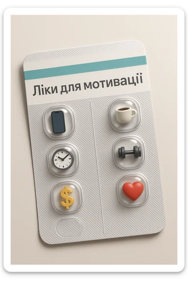 Create an ironic 3D illustration of blister pack tablets in the style of a pharmacy product, but with a satirical twist.
Instead of regular capsules, there should be miniature symbolic objects inside that represent a ‘cure’ for a specific modern problem, condition, or desire.
Title: "Ліки для мотивації". sticker