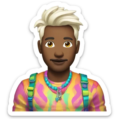 Queer man dressed in a colorful crazy outfit his skin color is white make sure that it's something modern but interesting kind of think runway sticker