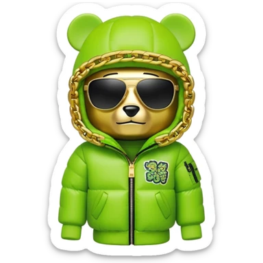 bearbrick toy with cubic head wearing a lime green balaclava with graffiti logos, wide single-piece visor sunglasses spanning entire face width, not divided for eyes, oversized puffy jacket with fur hood, gold chains sticker