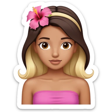 tan girl with dark brown hair and blonde highlights with a hibiscus flower in her hair wearing a pink tube top with tan lines showing sticker