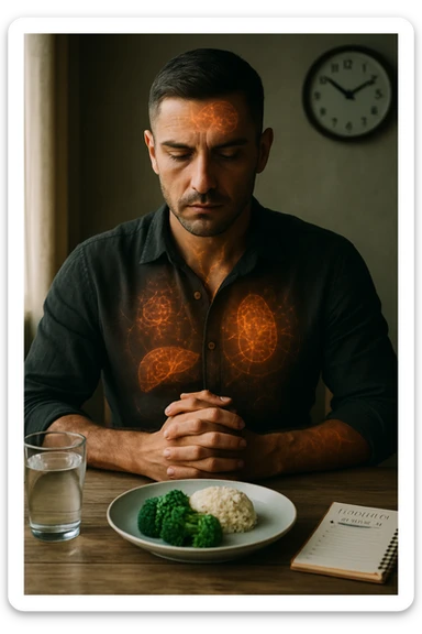 A cinematic close-up of a focused man in his mid-30s with slight beard and tired but determined eyes, sitting alone at a simple wooden table with an untouched plate of food in front of him. His hands are clasped, fingers interlocked in a meditative position over his lower abdomen, symbolizing willpower and internal balance. He wears a lightweight natural fiber shirt, sleeves rolled up. The lighting is soft and natural, early morning light coming from a nearby window. Around him, visual cues of cellular regeneration — faint glowing patterns subtly overlaying his body, especially near the liver, gut, and brain, suggesting autophagy and deep healing. The room is minimalist: a glass of water, a notebook with fasting hours, and a clock in the background ticking calmly. The tone is serene, intentional, and deeply introspective. Shot in 35mm cinematic style, warm highlights and clean shadows. sticker