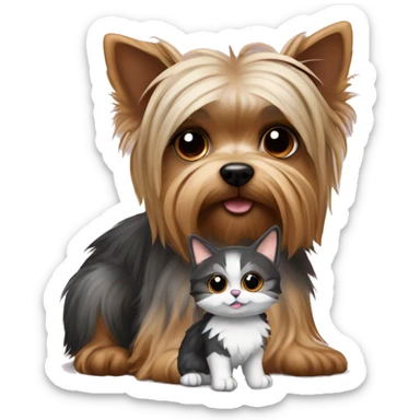 A Yorkshire terrier dog and a Scottish cat, the color of raccoon fur, sit together sticker