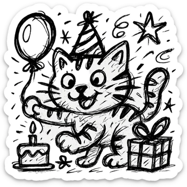 chaotic outlined icon of a playful kitten with stripes, birthday hat, holding a balloon, cake and presents scattered around sticker