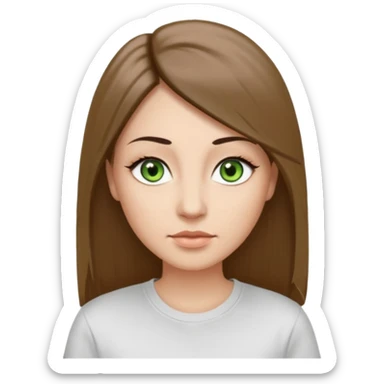 Adult woman avatar, light skin tone, oval face, long straight ashy brown hair, green almond-shaped eyes with dramatic eyelashes and minimal eyeliner, neutral mouth, medium straight eyebrows, small nose, smooth skin sticker