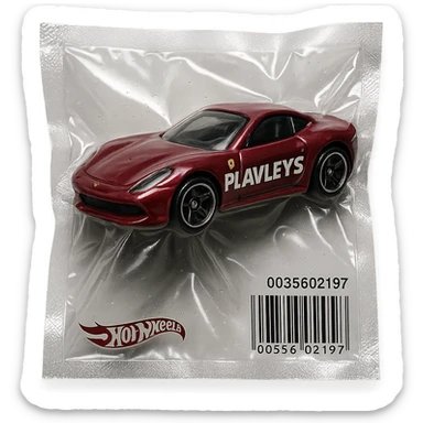 burgundy Hot Wheels toy car Ferrari with the word 'PLAVLEYS' written on the side, glossy and puffy, vacuum-sealed style sticker