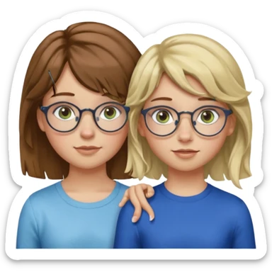 Two girls
Girl number 1: has fair skin, glasses, brown eyes, brown straight hair with a blonde undercut
Girl number 2: has light skin, blue green eyes, freckles, a silver hoop nose piercing on the right of her nostril, brown curly/wavy hair, and curtain bangs sticker