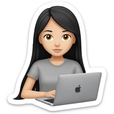 a pretty tan bratz girl with black long straight hair, wearing a grey tshirt using her laptop  sticker