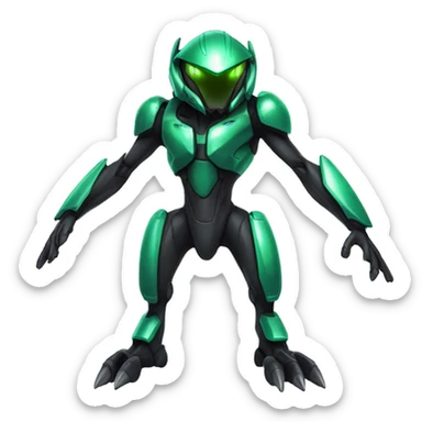 a shiny black-green Genesect-Raptor-Fakémon—hybrid with a futuristic visor-helmet full body sticker