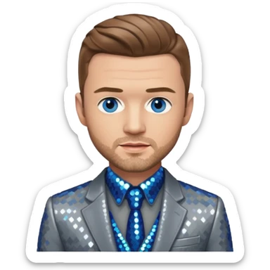 Justin Timberlake with light brown hair, blue eyes, sequin grey suit jacket sticker