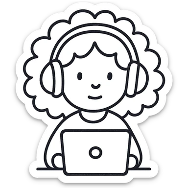 hand drawn outline icon of a curly hair girl with headphones and a laptop sticker