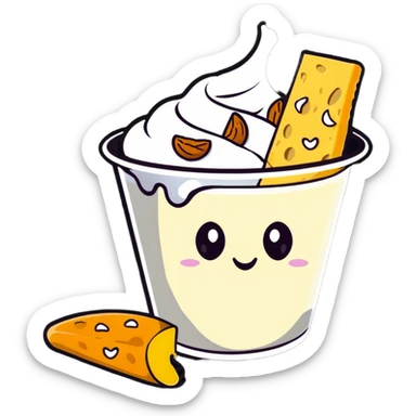 A single large white bone, clearly visible and dominant in the center, glowing with light. Around it, but not touching, are smaller floating items: a cup of yogurt, a small pile of shredded cheese, several almonds, and sesame seeds. sticker