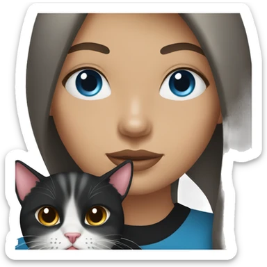 Woman with dark long hair, pink lips and blue eyes holding a tabby cat  sticker