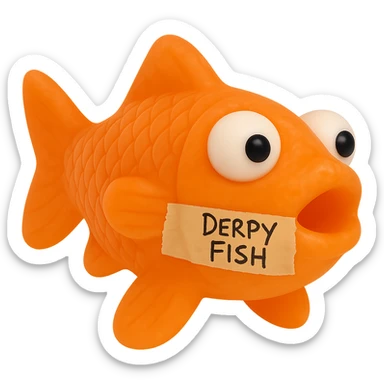 Replace the tag on the side of the fish with a piece of masking tape stuck across the whole side. The tape should have 'Derpy Fish' written in sloppy sharpie handwriting. Keep the fish exactly the same: bright orange, somewhat transparent, retro 90's toy look, derpy eyes, soft plastic, soft reflections, soft and squishy texture, some cloudiness, not shiny, highly detailed, appealing, and no background. The style is a bright orange, somewhat transparent, retro 90's toy look fish with derpy eyes and soft plastic texture, soft reflections, and some cloudiness, not shiny. sticker