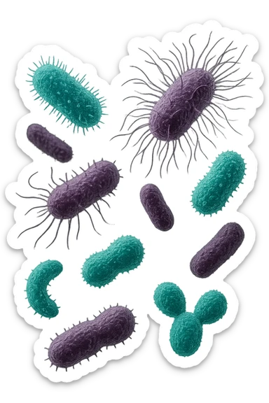 5 BATTERI BUONI E 5 BATTERI CATTIVI FLUTTUANO IN ARIA, I BATTERI BUONI FALLI TURCHESI, I BATTERI CATTIVI FALLI VIOLA, IPERREALISTICO 4K, NON DISEGNATO sticker