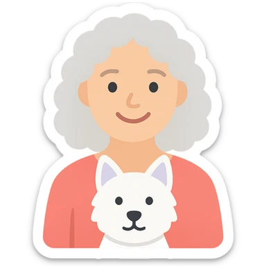 50-year-old pretty lady with silver curly hair, smiling, with a Westie dog, color icon sticker