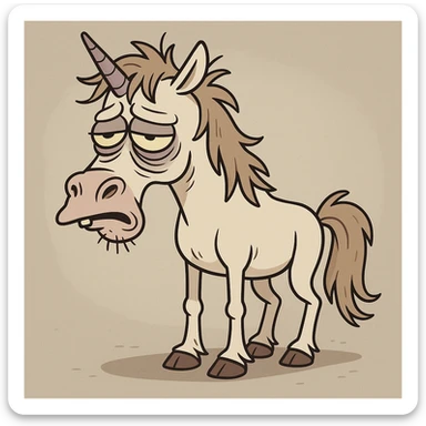 a disgusting, rumpled unicorn with bags under his eyes and a drooping horn, in a cartoonish style sticker