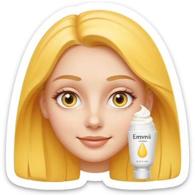 Create a high-quality iPhone-style emoji of a white girl face, with a small amount of yellow eye cream clearly applied under both eyes, realistic shading, smooth gradient colors, rounded and cute 3D cartoon style, subtle smiling expression, simple white b sticker