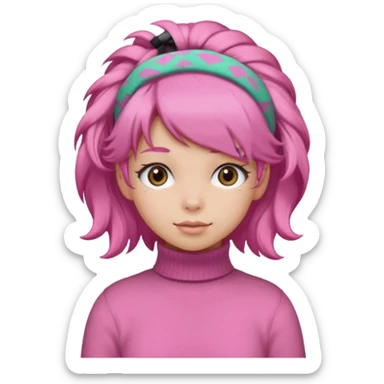 brown fluffy haired girl with pink turtleneck sweater and pink hair band sticker