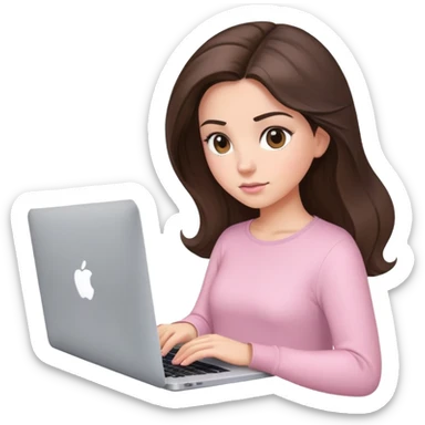 Brunette pretty girl, blowout hair, working on macbook, light pink top sticker