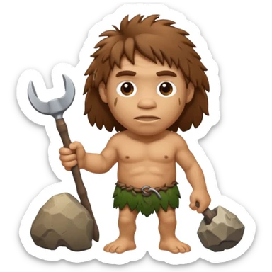 cartoon old Neanderthal with messy hair and a stone tool sticker
