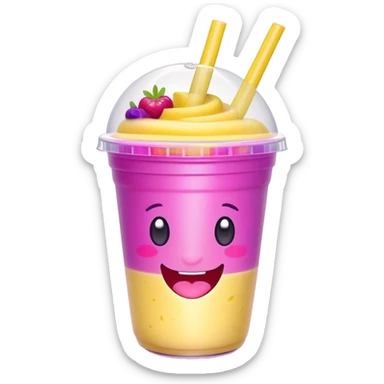 Cute Kawaii Smoothie Cup, filled with blended fruity goodness, a smiling face with excited eyes, bright colorful layers of pink, yellow, and purple, topped with a straw and tiny fruit slices! sticker