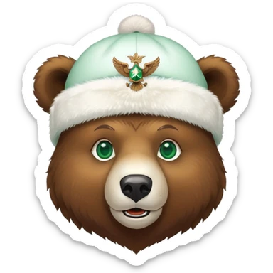 Cheerful brown bear head with emerald green eyes wearing white winter ushanka hat with double-headed eagle symbol centered, Russian themed sticker