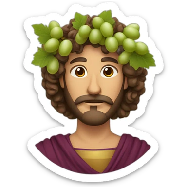 man without a mustache with greek robe and long curly hair and a crown of grapes and leaves sticker