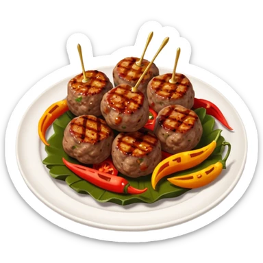 Akçaabat meatballs object icon, grilled Turkish kofte pieces on a plate, smoky char marks, juicy texture, served with grilled peppers and tomatoes, 3D cartoon, mobile game icon style, centered, clean background, no text, no watermark
 sticker