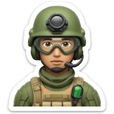male modern soldier with green advanced armor, tactical helmet, face mask, and night vision goggles, cool and brutal sticker