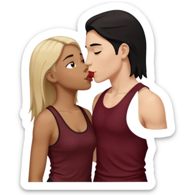 a white woman with short tomboy black hair wearing men's black tank top kissing a lightskin woman with long dark blonde hair wearing maroon tank top sticker