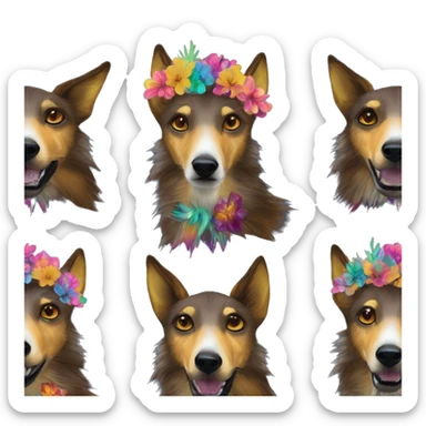  brindle brown black maroon gold lurcher Alsatian fox running blue eyes and iridescent holographic oilslick harness wearing paper iridescent tropical flower crown yellow caution tape sticker