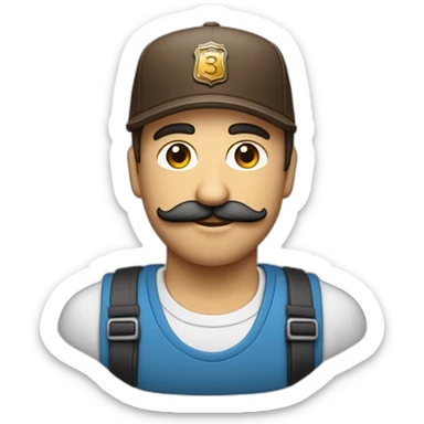 un développeur devant son ordinateur brun cheveux mi long une raie au milieux avec écouteur yeux bleus casquette et moustache peau normal sticker